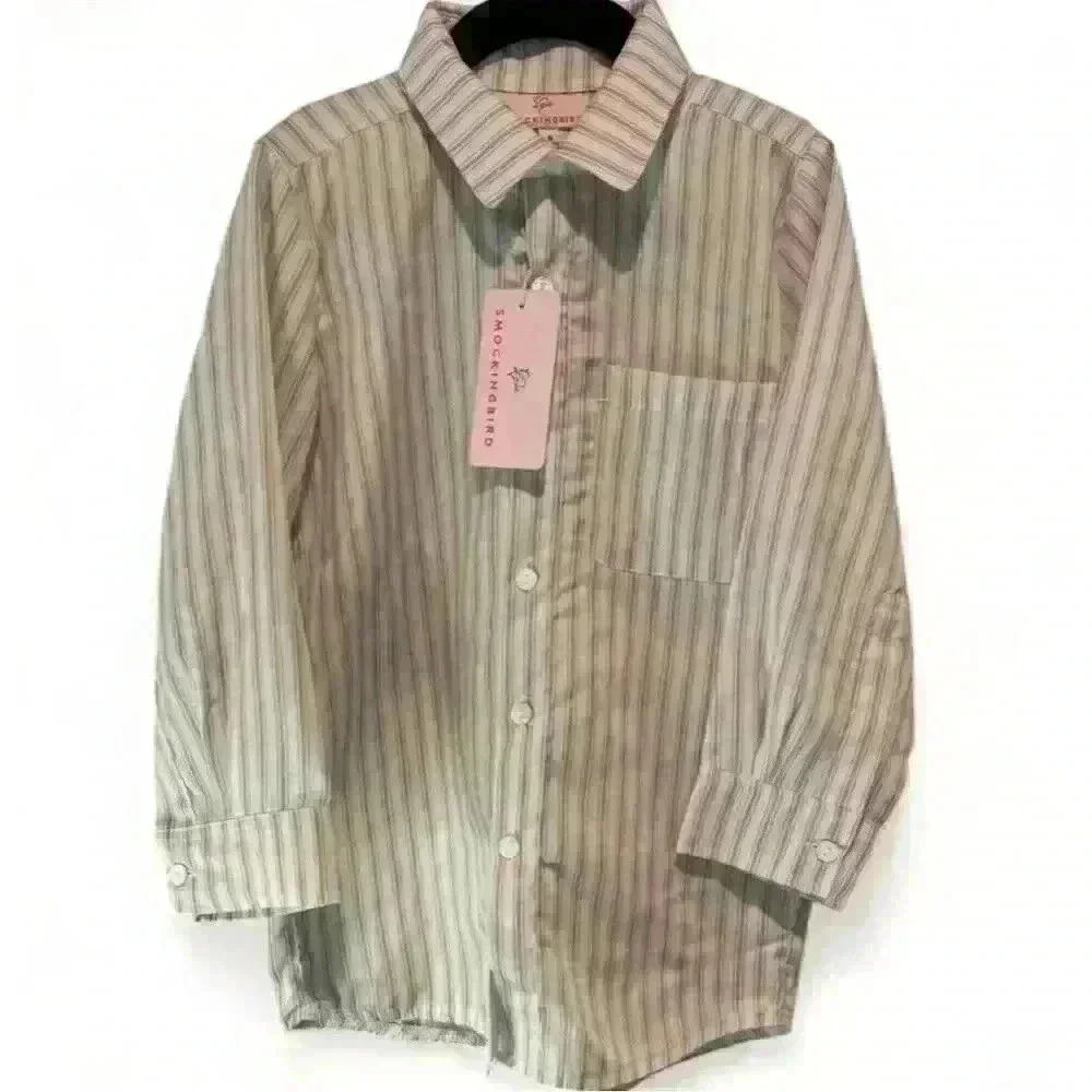 NWT-Smockingbird Kids Striped Button-Up Shirt Green Size 6 Long Sleeve